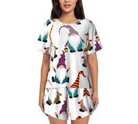 Ghjkfbf Womens Xmas Funny Gnomes Print Pajama Sets Lounge Sets Crew Neck Sleepwear Split Shorts Set Soft Pjs, Black, XL