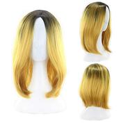 GHK 12inch Short Bob Wigs For Women Synthetic Hair Anime Cosplay Two Tone Black Pink Grey Blue Green Red Purple Blonde Ombre Wig black yellow