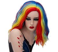 GHK 14inch Short Wavy Colorful Rainbow Wig Synthetic Hair Halloween Costume Anime Cosplay Orange Ombre Party Wigs For Women rainbow color