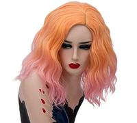 GHK 14inch Short Wavy Colorful Rainbow Wig Synthetic Hair Halloween Costume Anime Cosplay Orange Ombre Party Wigs For Women orange pink