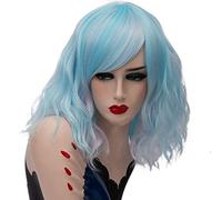 GHK 14inch Short Wavy Colorful Rainbow Wig Synthetic Hair Halloween Costume Anime Cosplay Orange Ombre Party Wigs For Women blue highlights