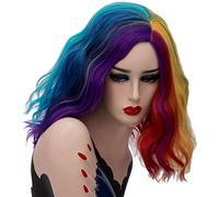 GHK 14inch Short Wavy Colorful Rainbow Wig Synthetic Hair Halloween Costume Anime Cosplay Orange Ombre Party Wigs For Women colorful 5