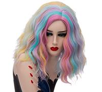 GHK 14inch Short Wavy Colorful Rainbow Wig Synthetic Hair Halloween Costume Anime Cosplay Orange Ombre Party Wigs For Women colorful