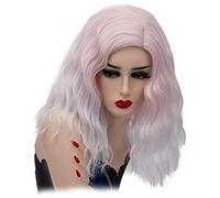 GHK 14inch Short Wavy Colorful Rainbow Wig Synthetic Hair Halloween Costume Anime Cosplay Orange Ombre Party Wigs For Women pink white ombre
