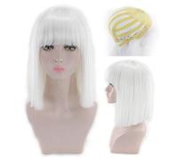 GHK 14inch Straight Black White Pink Red Blue Short Bob Wigs For Women Synthetic Hair Anime Cosplay Party Wig With Bangs 8 Colors white