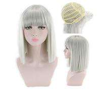 GHK 14inch Straight Black White Pink Red Blue Short Bob Wigs For Women Synthetic Hair Anime Cosplay Party Wig With Bangs 8 Colors Silver