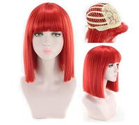 GHK 14inch Straight Black White Pink Red Blue Short Bob Wigs For Women Synthetic Hair Anime Cosplay Party Wig With Bangs 8 Colors Red