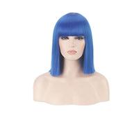 GHK 14inch Synthetic Bob Wig Blonde Green Red Pink Blue Pink Black Wigs For Women Anime Cosplay Straight Hair Bangs Heat Resistant blue