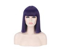 GHK 14inch Synthetic Bob Wig Blonde Green Red Pink Blue Pink Black Wigs For Women Anime Cosplay Straight Hair Bangs Heat Resistant purple