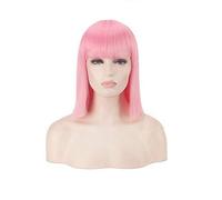 GHK 14inch Synthetic Bob Wig Blonde Green Red Pink Blue Pink Black Wigs For Women Anime Cosplay Straight Hair Bangs Heat Resistant pink
