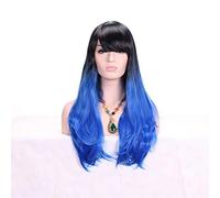 GHK 28inch Fashion Black Blonde Ombre Wig With Bangs Synthetic Hair Anime Cosplay Long Wavy Wigs For Women Heat Resistant blue