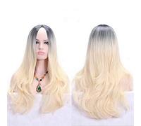 GHK Anime Middle Part Dark Root Black Pink Blue Purple Ombre Wig Synthetic Hair Long Wavy Woman Wigs Cosplay High Temperature Fiber blonde