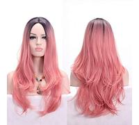 GHK Anime Middle Part Dark Root Black Pink Blue Purple Ombre Wig Synthetic Hair Long Wavy Woman Wigs Cosplay High Temperature Fiber pink