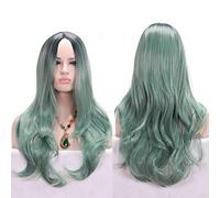 GHK Anime Middle Part Dark Root Black Pink Blue Purple Ombre Wig Synthetic Hair Long Wavy Woman Wigs Cosplay High Temperature Fiber army green