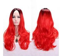 GHK Anime Middle Part Dark Root Black Pink Blue Purple Ombre Wig Synthetic Hair Long Wavy Woman Wigs Cosplay High Temperature Fiber red