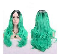 GHK Anime Middle Part Dark Root Black Pink Blue Purple Ombre Wig Synthetic Hair Long Wavy Woman Wigs Cosplay High Temperature Fiber green