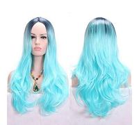 GHK Anime Middle Part Dark Root Black Pink Blue Purple Ombre Wig Synthetic Hair Long Wavy Woman Wigs Cosplay High Temperature Fiber sky blue