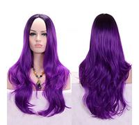 GHK Anime Middle Part Dark Root Black Pink Blue Purple Ombre Wig Synthetic Hair Long Wavy Woman Wigs Cosplay High Temperature Fiber purple