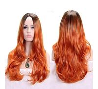 GHK Anime Middle Part Dark Root Black Pink Blue Purple Ombre Wig Synthetic Hair Long Wavy Woman Wigs Cosplay High Temperature Fiber orange