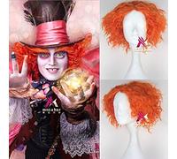 GHK Biamoxer Alice in Wonderland 2 Mad Hatter Tarrant Hightopp Orange Wig Short Curly Hair Role Play Halloween Synthetic Hair