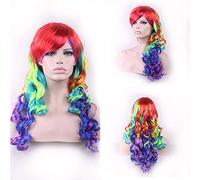 GHK Fashion Cheap Long Wavy Rainbow Wig Cosplay Costume Colorful Synthetic Hair Wigs For Women + wig cap