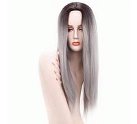 GHK High Quality 26inch Straight Long Black Grey Ombre Wig Synthetic Hair Middle Part Natural Anime Cosplay Wigs For Women black grey
