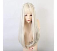 GHK Long Straight Natural Synthetic Wigs With Bangs Mixed White for Woman Cosplay Wigs Heat Resistant Fiber Wigs