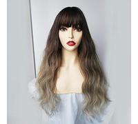 GHK Long Synthetic Water Wave Wigs With Bangs Natural Curly Dark Brown Wigs for Women Cosplay Wigs Heat Resistant Fiber Wigs lc227
