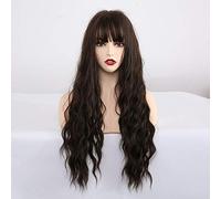 GHK Long Synthetic Water Wave Wigs With Bangs Natural Curly Dark Brown Wigs for Women Cosplay Wigs Heat Resistant Fiber Wigs lc222-2