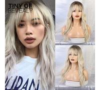 GHK Long Synthetic Wavy Wigs With Bang Ombre Blonde Brown Wigs for Women African America Heat Resistant Fiber Hair Wigs