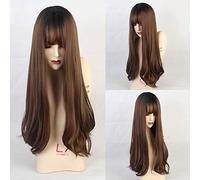 GHK Long Wave Cosplay Wigs With Bangs For White Woman Natural Synthetic Brown Hair Wigs Heat Resistant Fiber Wigs