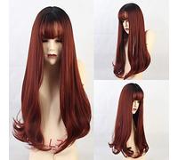 GHK Long Wave Wigs With Bangs Cosplay Wigs Woman Natural Synthetic Black Gradient Wine Red Wigs Heat Resistant Fiber Wigs