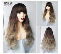 GHK Long Wavy Synthetic Wigs With Bangs Omber Brown Beige Wigs Heat Resistant Fiber Wigs for Women Natural Water Wave Cosplay Wigs