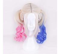 GHK Suicide Squad Harleen Quinzel Cosplay Wig 45cm Black Red Pink Blue Ombre Synthetic Hair Halloween Costume Long Wavy Ponytail Wig pink blue