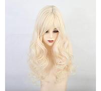 GHK Synthetic Long Wavy Wigs With Bangs Blonde Beige Wigs For Women Wavy Cosplay Hair Wigs Natural Heat Resistant Fiber Wigs