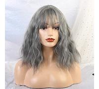 GHK Thin Bangs Short Curly Wigs Heat Resistant Synthetic Curly Wigs for Women Fashion Hair Mix Blue Cosplay Fiber Wigs