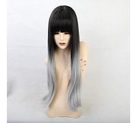 GHK Woman Cosplay Wigs Long Wavy Wigs With Bangs Black Gradient White Natural Synthetic Wigs Heat Resistant Fiber Wigs
