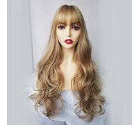 GHK Women's Brown Blonde Wigs Long Wavy Natrual Heat Resistant Synthetic Hair Wigs With Bangs Cosplay Wig Heat Resistant Afro