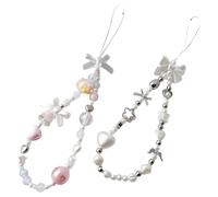 GHKJOK 2 Pack Beaded Phone Charm Straps - Angel & Heart Design Wrist Strap Bracelet with Bow Beads, Cute Coquette Style Mobile Lanyard Accessories for Women & Girls