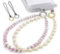 GHKJOK 2 Pack Crystal Pink & Pearl Beaded Phone Straps - Elegant Anti-Theft Wrist Lanyards & Keychain Accessories Travel Essentials, Mobile Phone Holder Bag Charms for Women