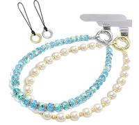 GHKJOK 2 Pack Crystal Pink & Pearl Beaded Phone Straps - Elegant Anti-Theft Wrist Lanyards & Keychain Accessories Travel Essentials, Mobile Phone Holder Bag Charms for Women