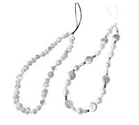 GHKJOK 2 Pack Pearl Beaded Phone Charm Strap - Moon & Flat Pearl Design with Heart Bow Accents - Beaded Phone Bracelet Keychain Wrist Strap for Bag, Camera, Keys