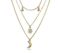 GHKJOK 3 Layer Gold Tone Star & Moon Necklace for Women - Adjustable Layered Chains with CZ Star Pendant, Crescent Moon Charm & Bead Detail, Celestial Jewellery Gift Box