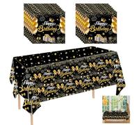 GHKJOK Black Gold Happy Birthday Disposable Table Cover - 2 Pack Luxury Rectangular Waterproof Party Tablecloths for Cake Decorations, Adult & Kids Celebrations with Festive Glitter Design