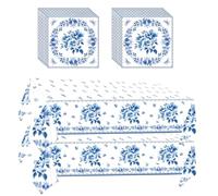 GHKJOK Blue and White Porcelain Tablecloths and Napkins Set - 2 Disposable Table Covers & 20 Paper Napkins, Elegant Floral Design for Wedding, Birthday, Tea Party, Chinese Theme and Garden Picnic
