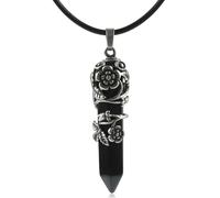 GHKJOK Gothic Obsidian Crystal Point Necklace with Hexagonal Prism Pendant - Black Cord Choker for Women, Silver Tone Floral Leaf Motif, Gift for Birthdays, Halloween & Christmas (Black)