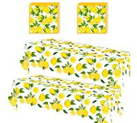 GHKJOK Lemon Party Tableware Set - 2 Disposable Tablecloths & 20 Matching Napkins, Summer Yellow & Green Leaf Theme for Birthday, Wedding, Picnic, Baby Shower, BBQ, Indoor & Outdoor Celebrations