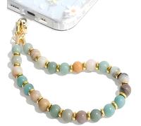 GHKJOK Natural Stone Beaded Phone Wrist Strap With Gold Tone Clasp - 8mm Round Pastel Coloured Bracelet Style Chain For Mobile Camera Wallet Handbag Secure Decorative Functional Accessory Gift