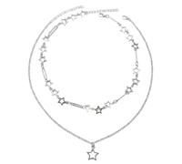 GHKJOK Star Chunky Silver Stackable Statement Necklace with Triple-Layer Y2K Design - Punk Grunge Layered Pendant Set for Women, Fashion Bead Charm Accessories, Gift Box Included (Pearl Star)