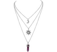 GHKJOK Three-Layer Sun & Moon Necklace Set for Women - Silver Tone Celestial Layered Chains with Purple Crystal Point & Faux Pearl Bead, Adjustable Boho Stackable Jewellery Gift